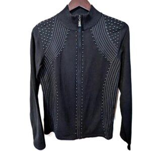 Minkas Black Studded Cardigan Sweater Decorative Stitching NWT Medium
